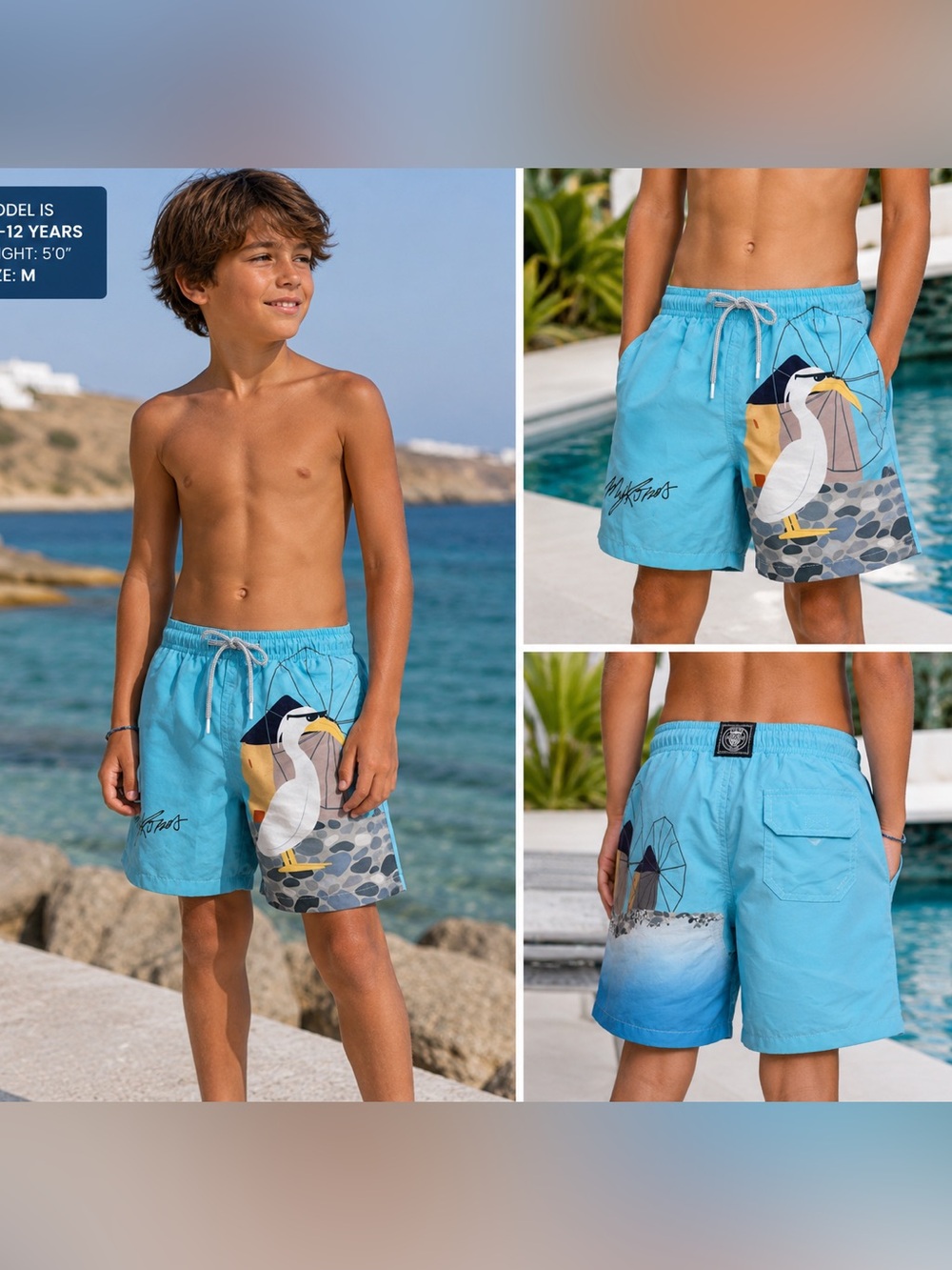 mykonos limited edition Kid’s Swim Trunks Made In Italy Blue Bird Print 10-12yrs
